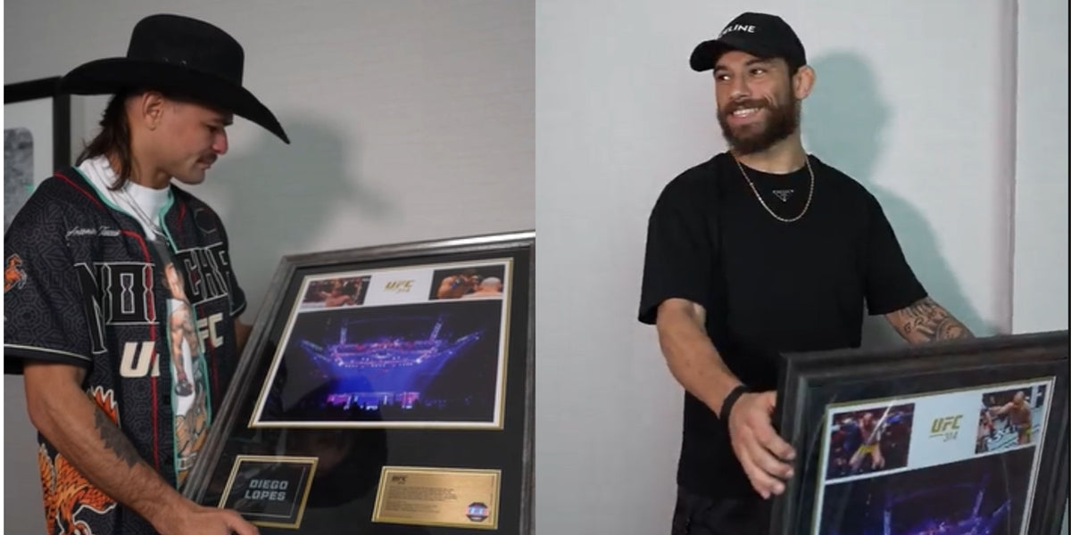 SEE THE MOMENT UFC’S DIEGO LOPES AND JEAN SILVA RECEIVE OCTAGON ‘NAME ON CANVAS’ GIFT 