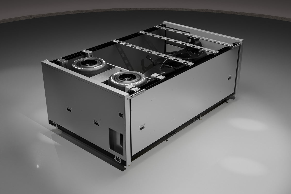 Carbon fibre pit stop rig folded into its transport case